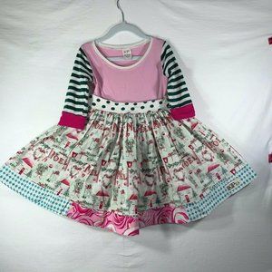 KPEA Vintage Noel Print Holiday Striped Dress 4T